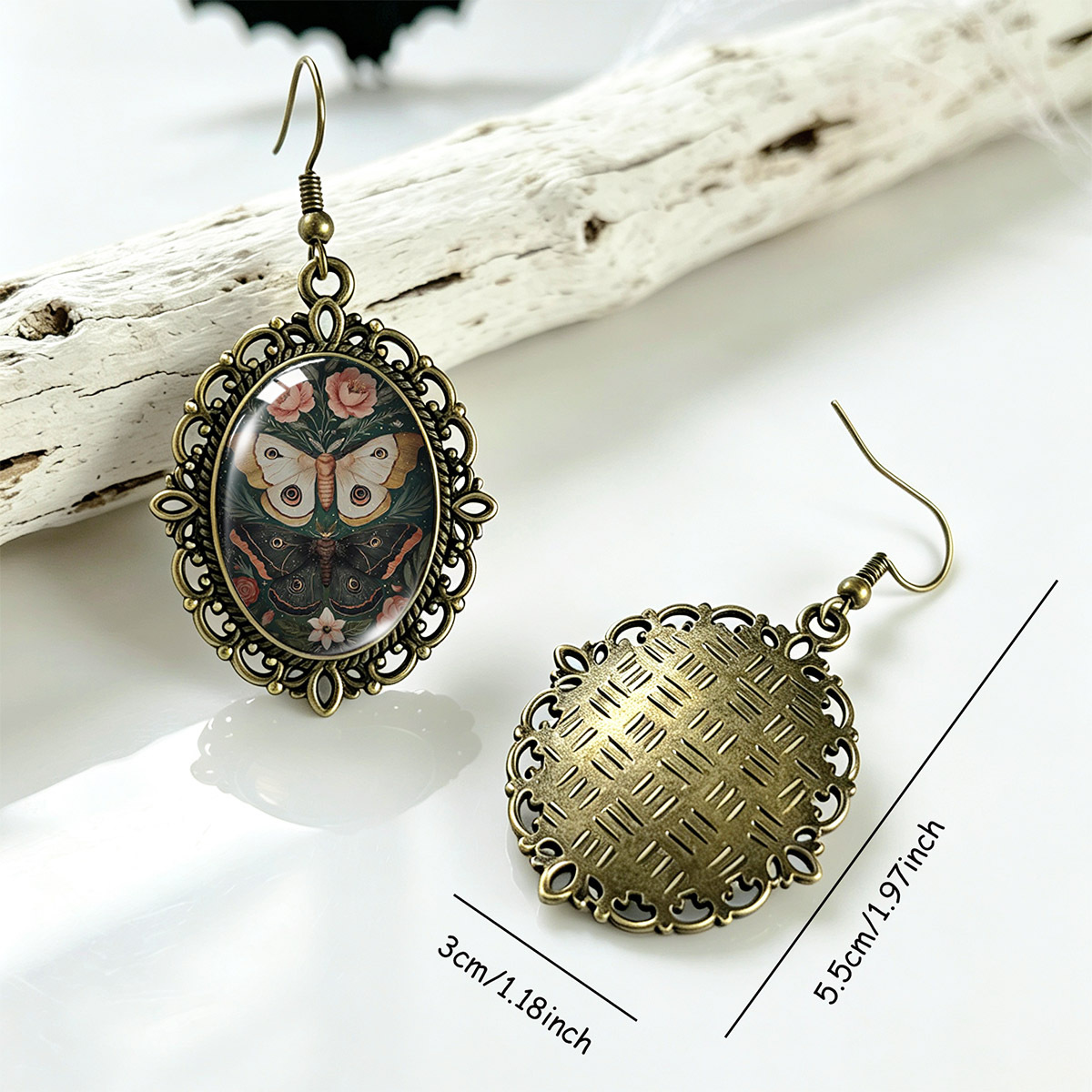 Vintage Openwork Lace Time Earrings with Pink Rose & Moth Print